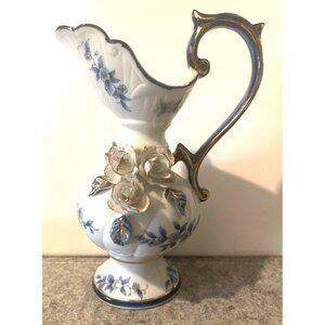 Vintage Porcelain 5.5" Blue and White Pitcher With Gold Trim  #2350